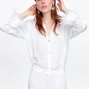 Zara White Feather Cuff Detail Button Up Blouse